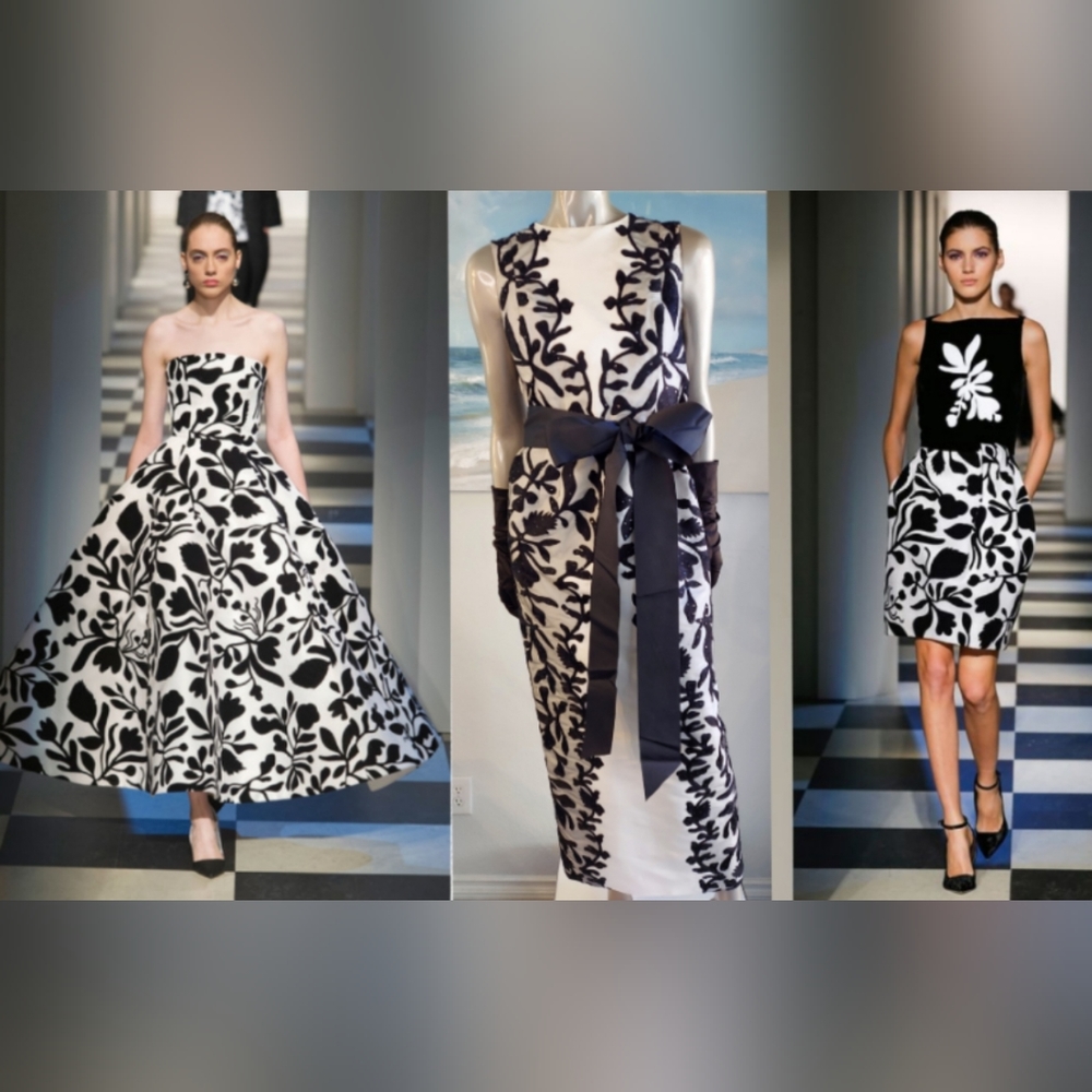 $8,000 OSCAR DE LA RENTA WHITE SILK BLACK FLORAL EMBROIDERED RUNWAY GOWN US L